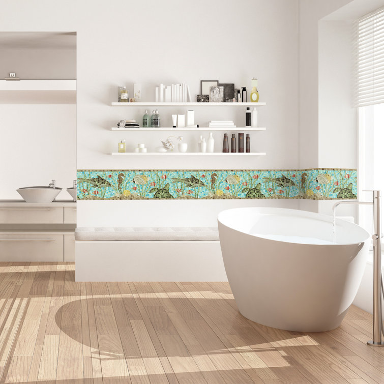 Highland Dunes Under the Sea Mosaic Wallpaper Border Blue, Green 15' L